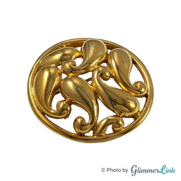 Vintage Paisley Swirl Circle Gold Tone Brooch Pin - Picture 2 of 9